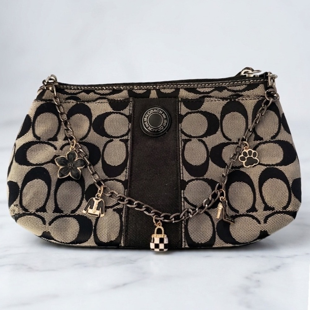 Coach Signature Monogram Canvas Added Charm Chain Wristlet Clutch 1941 Logo - Picture 1 of 9